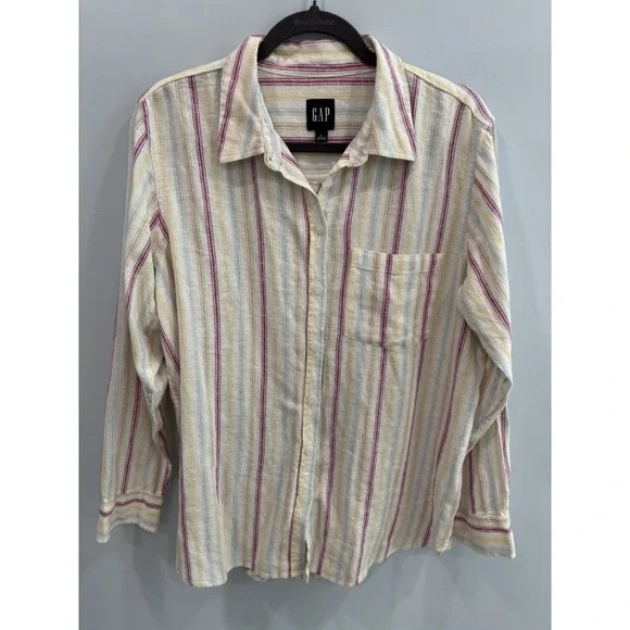 GAP Linen Blend Striped Button Up Shirt Women's Large Long Sleeve Casual - Picture 4 of 11